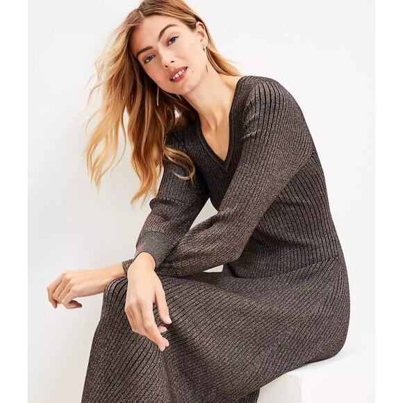 LOFT Gold Black Shimmer Ribbed V-Neck Midi Sweater Dress Blouson Sleeves - Picture 3 of 13